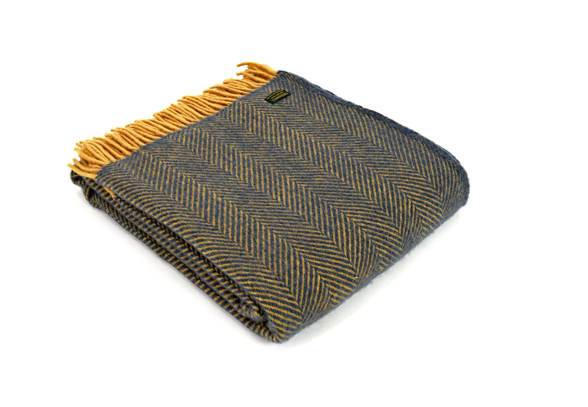 Tweedmill Herringbone Navy &amp; Mustard pure wool throw - Urban Wool